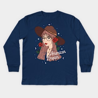 Living the American Dream: Our Cartoon Girl with Red Roses Kids Long Sleeve T-Shirt